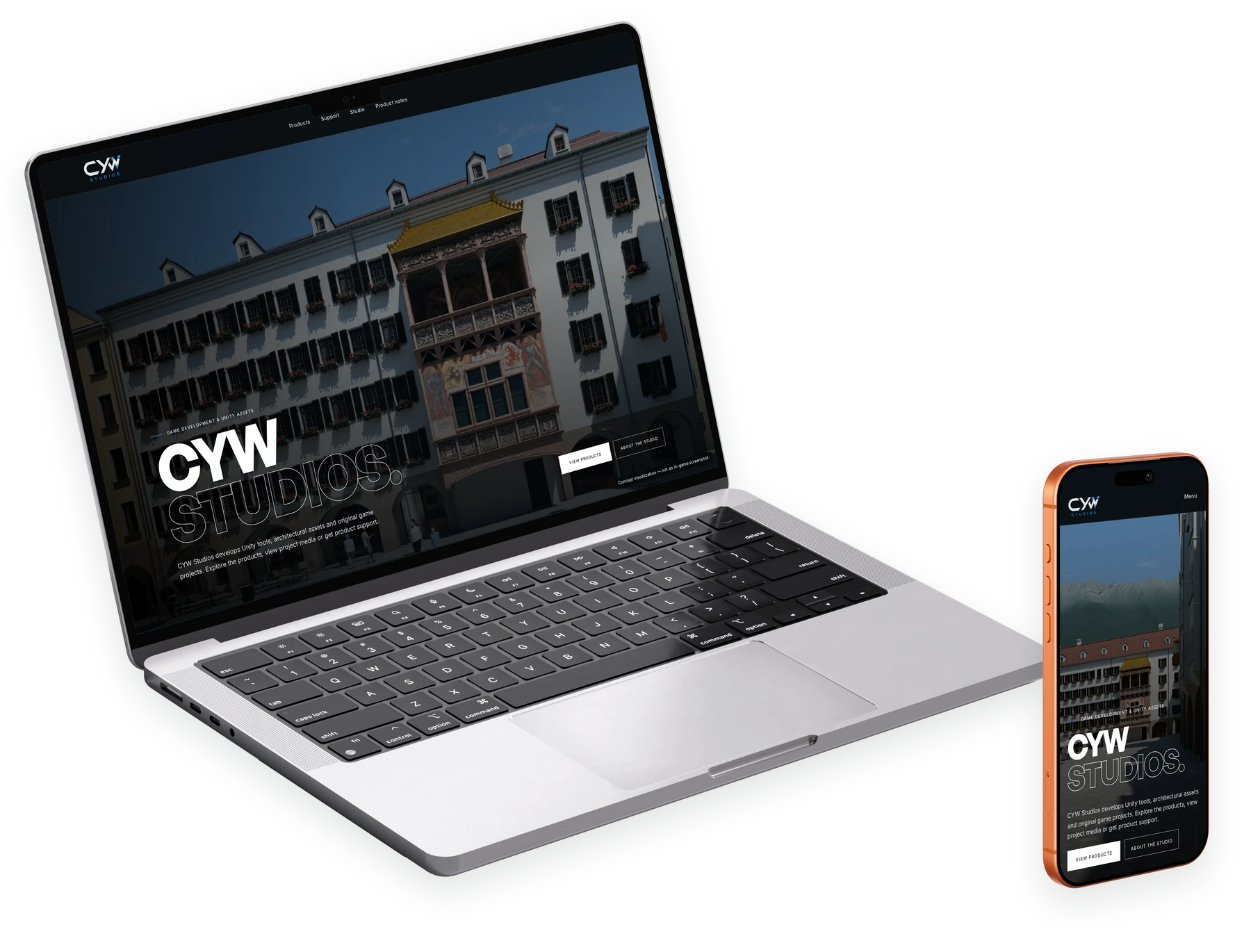 CYW Studios website displayed on an angled laptop and phone.